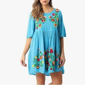 Riviera Sun Dress Women's Medium Turquoise Multicolored Embroidery Short